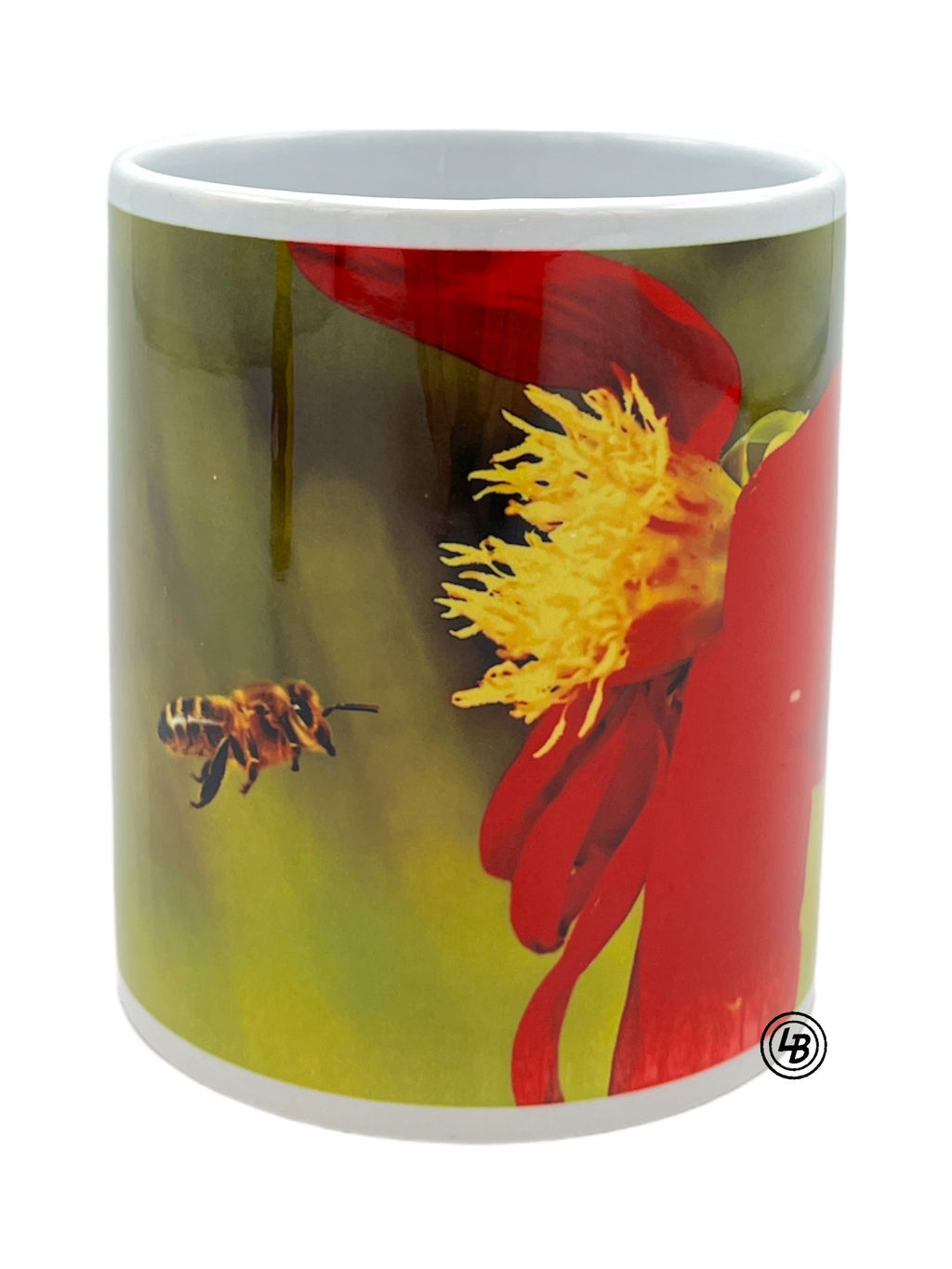Mugg "bi på gulröd blomma"