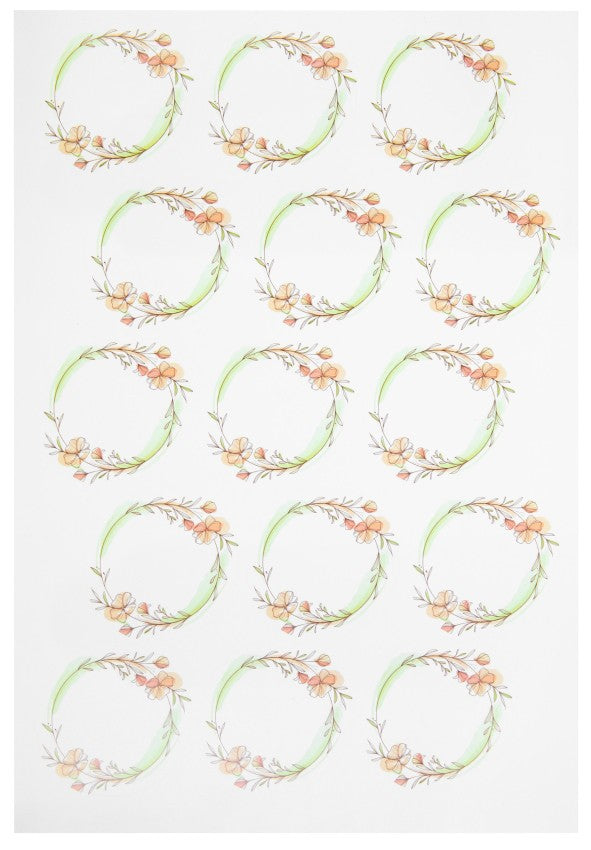 Rund etikett röd/grön blomma 15st/ark