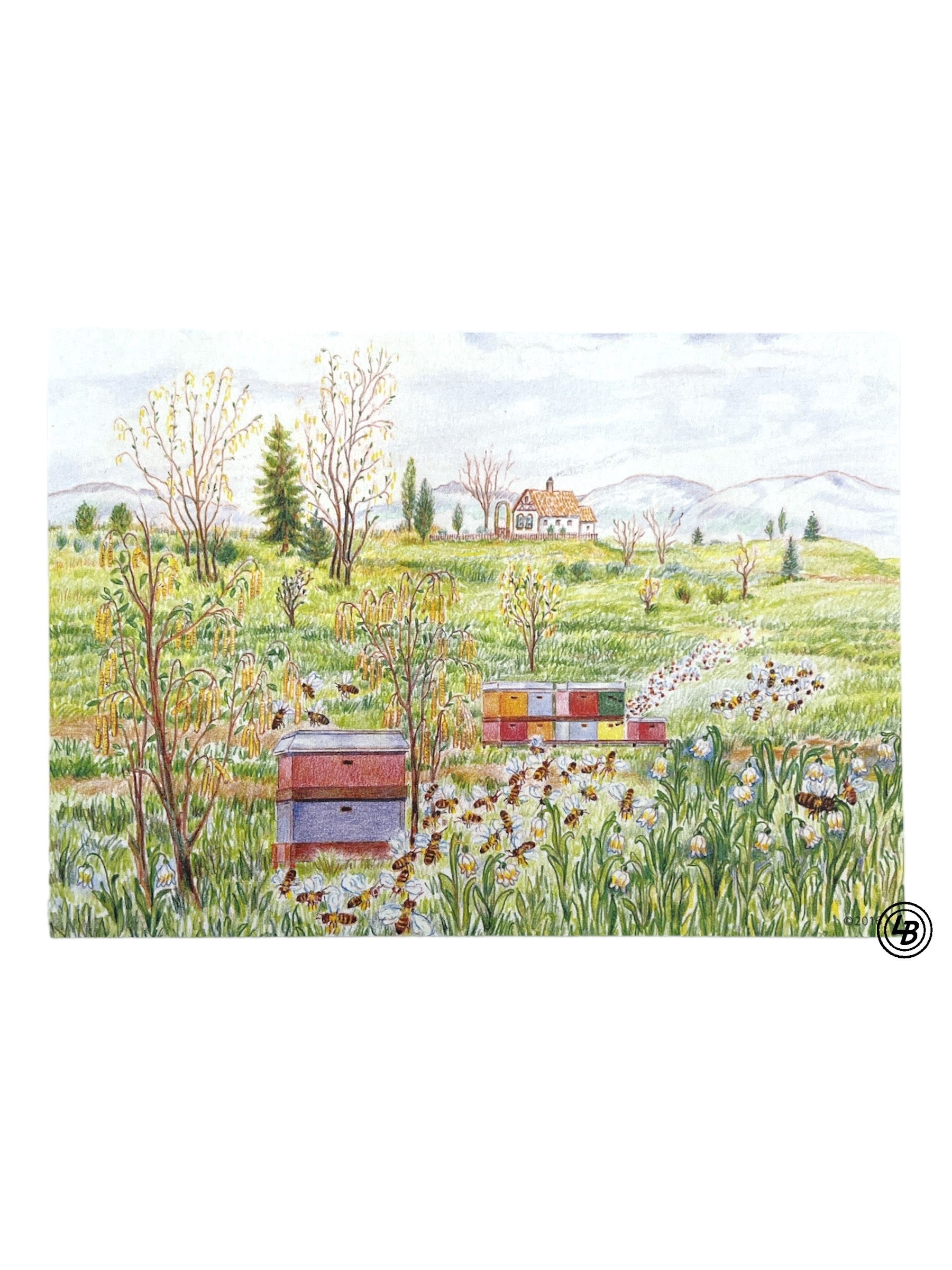 Vykort blomsteräng bikupor