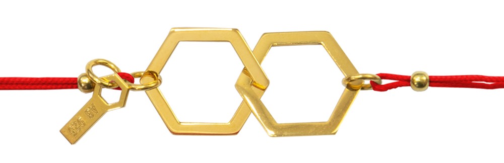 Armband dubbelhexagon guld med rött band