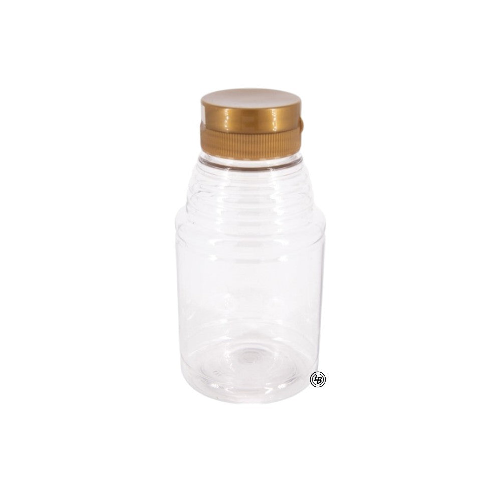 Plastflaska 350g rund med guldfärgad kapsyl